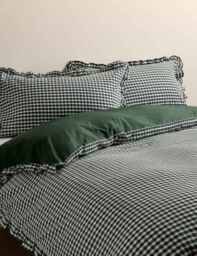 M&S Pure Cotton Gingham Ruffle Bedding Set Green