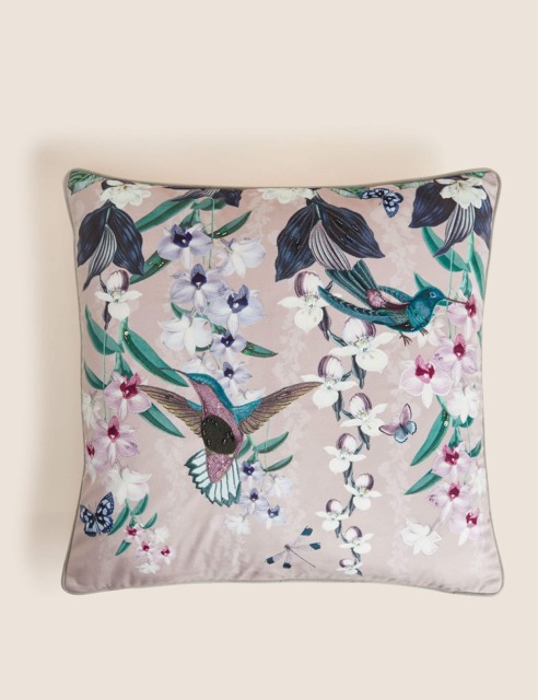 M&S Velvet Hummingbird Embellished Cushion - Pink Mix, Pink Mix