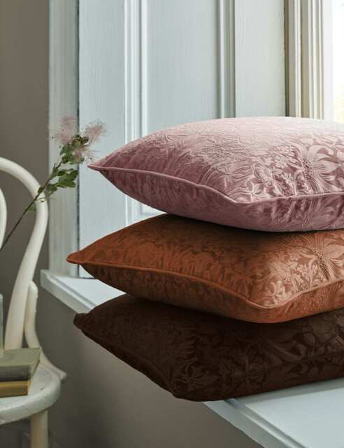 William Morris At Home Velvet Strawberry Thief Cushion Light Pink