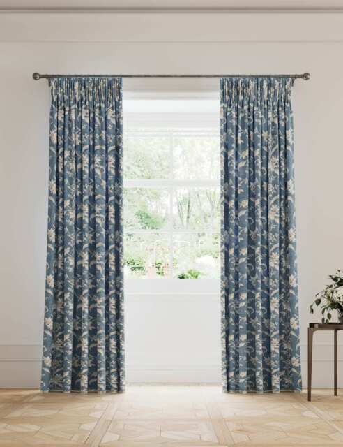 V&A Daffodil Pure Cotton Pencil Pleat Blackout Curtains Blue Mix