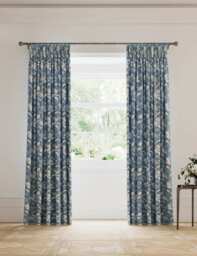 V&A Daffodil Pure Cotton Pencil Pleat Blackout Curtains Blue Mix