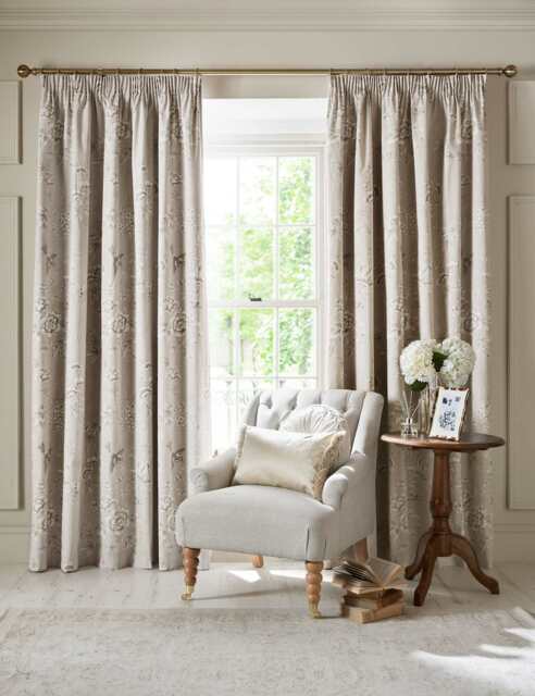 Laura Ashley Rowsham Garden Pure Cotton Pencil Pleat Blackout Curtains Natural