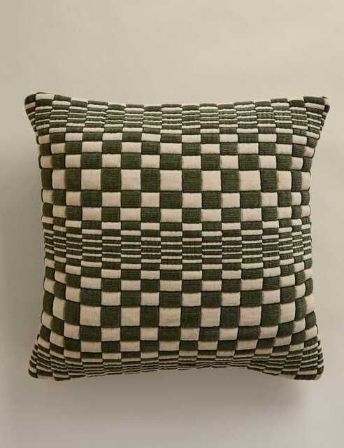 M&S Chenille Checked Quilted Cushion Green Mix