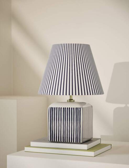 M&S Joshua Ceramic Striped Rechargeable Table Lamp Navy