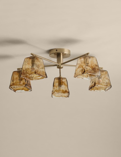 M&S Glass 5 Light Flush Ceiling Light Brown