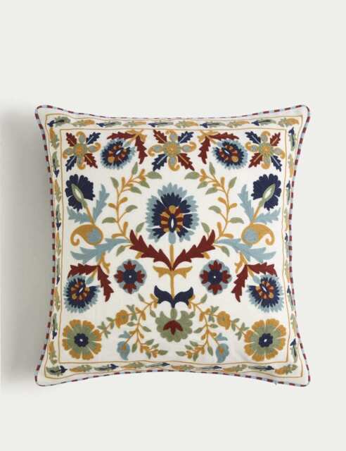 M&S Pure Cotton Floral Embroidered Cushion Ivory Mix