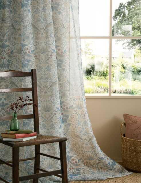 William Morris At Home Strawberry Thief Voile Panel Curtains Blue Mix
