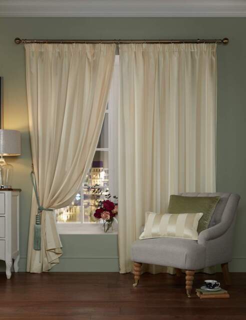 Laura Ashley Lille Stripe Pencil Pleat Curtains Beige Mix