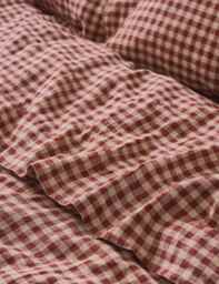 Piglet In Bed Pure Linen Gingham Flat Sheet Red Mix