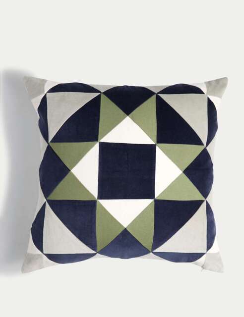 M&S Velvet Geometric Cushion Green Mix