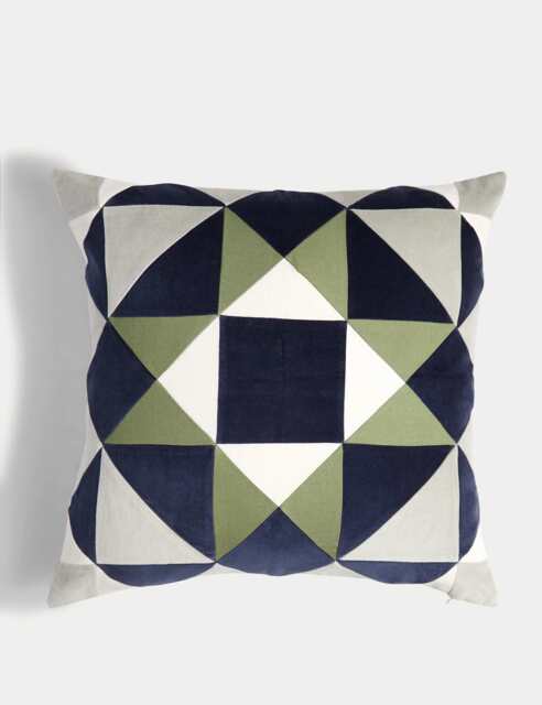 M&S Velvet Geometric Cushion Green Mix