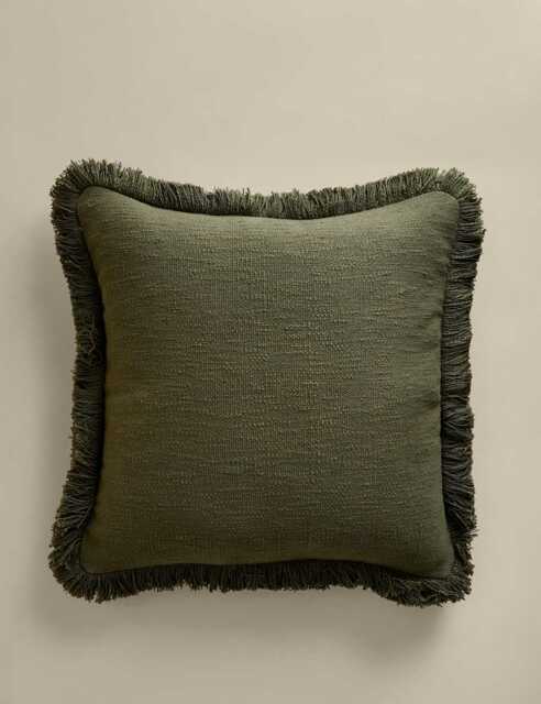 M&S Pure Cotton Textured Fringe Cushion Khaki