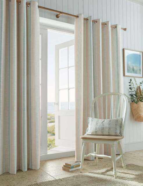 Laura Ashley Wickham Cotton Rich Striped Eyelet Curtains Natural Mix