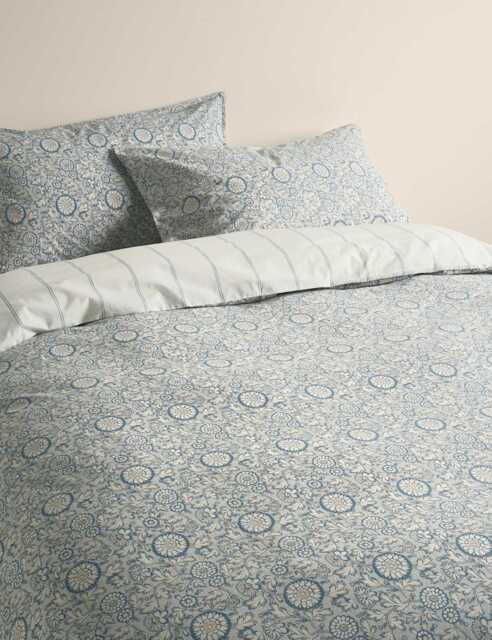 M&S Cotton Rich Woodblock Floral Bedding Set Slate Blue