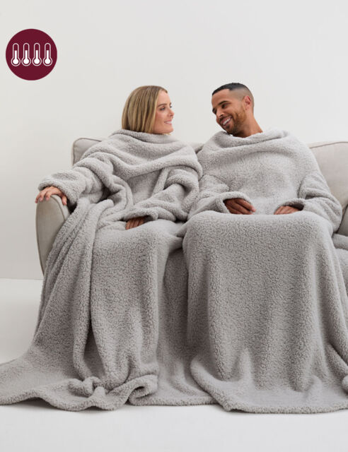 The M&S Snuggle™ Teddy Fleece Sleeved Blanket for Two - Grey, Grey