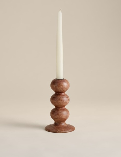 M&S Bobbin Wooden Dinner Candle Holder Natural