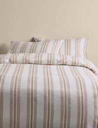 M&S Pure Cotton Striped Bedding Set Biscuit
