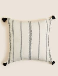 M&S Pure Cotton Striped Tasselled Cushion - Natural Mix, Natural Mix