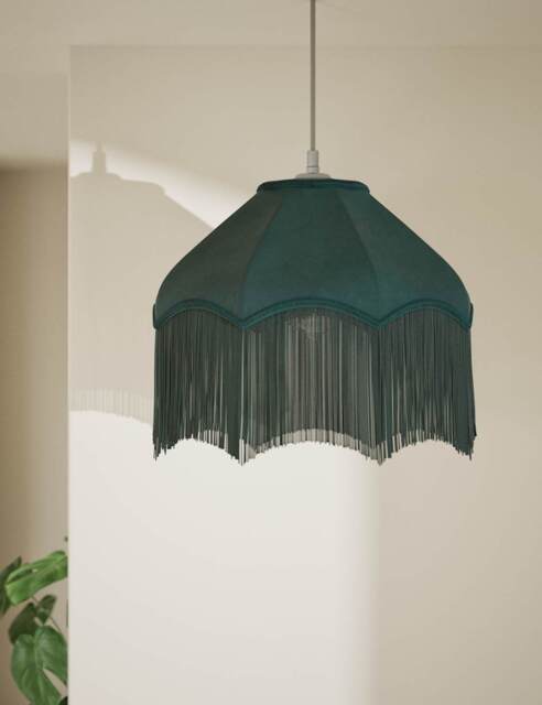 M&S Fringed Velvet Lamp Shade Dark Green