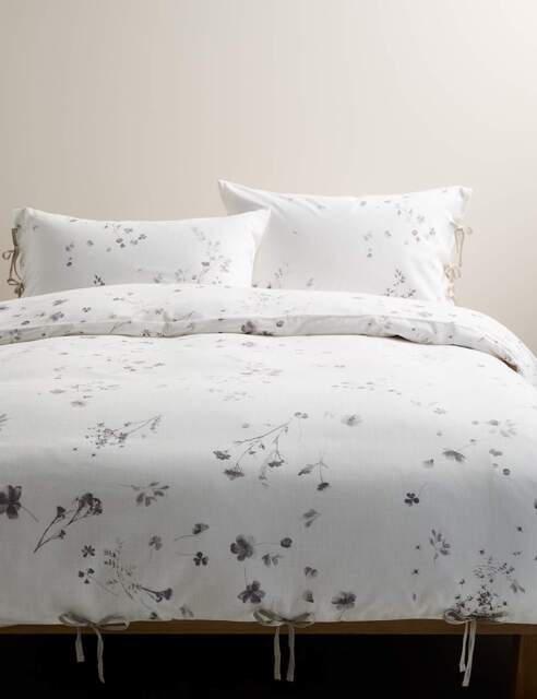 M&S Pure Cotton Pressed Floral Print Bedding Set Grey Mix