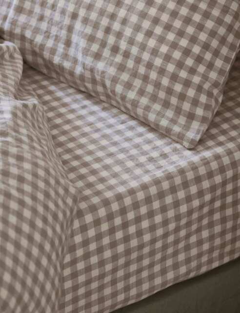 Piglet In Bed Pure Linen Gingham Fitted Sheet Oatmeal Mix