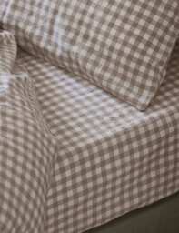 Piglet In Bed Pure Linen Gingham Fitted Sheet Oatmeal Mix