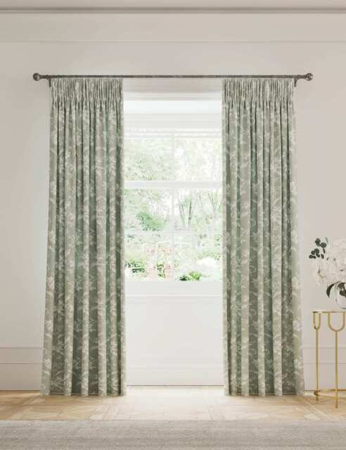V&A Daffodil Pure Cotton Pencil Pleat Blackout Curtains Green Mix