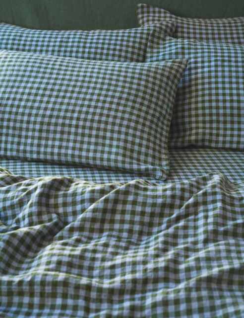 Piglet In Bed 2 Pack Pure Linen Gingham Pillowcases Green Mix