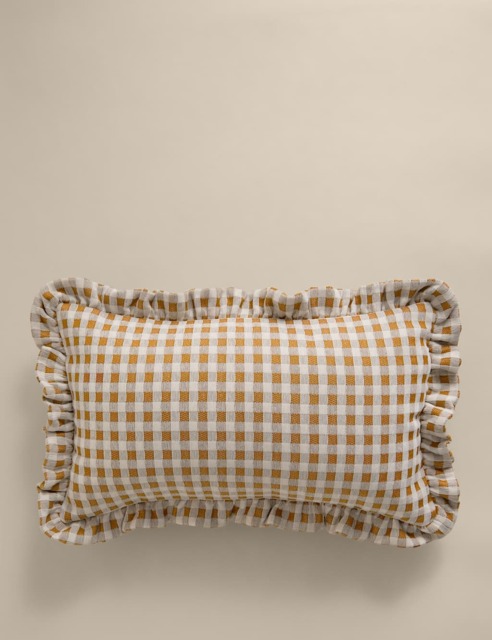 M&S Chenille Woven Gingham Bolster Cushion Ochre