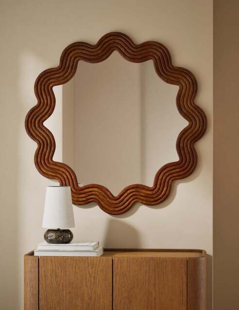 M&S Scallop Ribbed Wooden Wall Mirror Natural