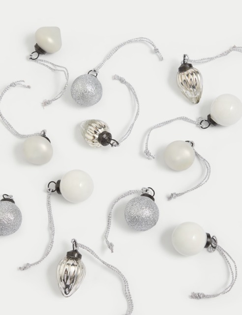 M&S 12 Pack Mercury Glass Mini Baubles - Silver, Silver