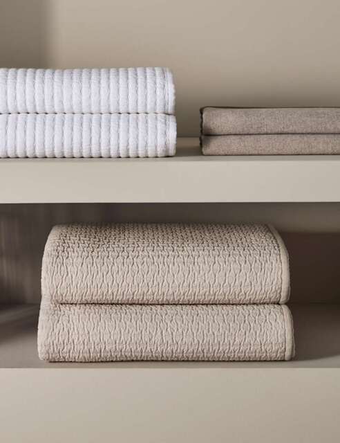 M&S X Kelly Hoppen Cotton with Linen Embroidered Bedspread Taupe