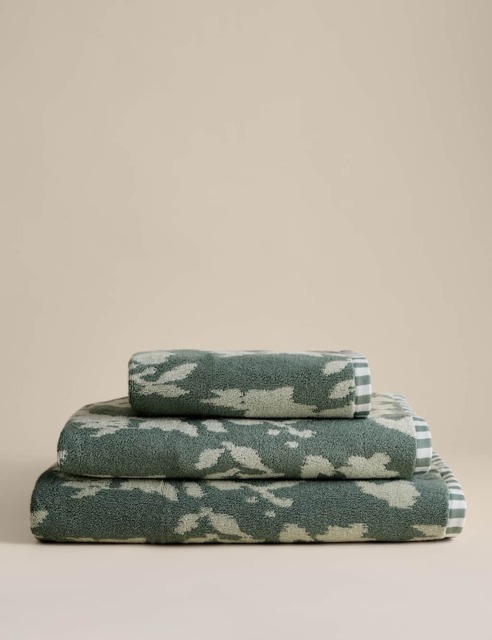 M&S Pure Cotton Floral Towel Smokey Green
