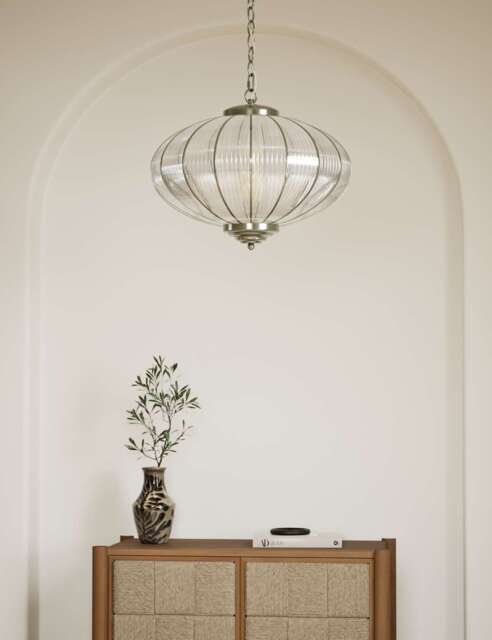 M&S Gemball Glass Ribbed Pendant Light Antique Brass
