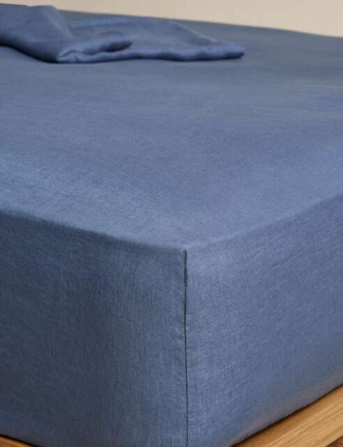 M&S Pure Linen Deep Fitted Sheet Slate Blue