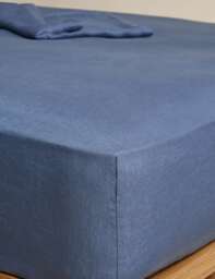 M&S Pure Linen Deep Fitted Sheet Slate Blue