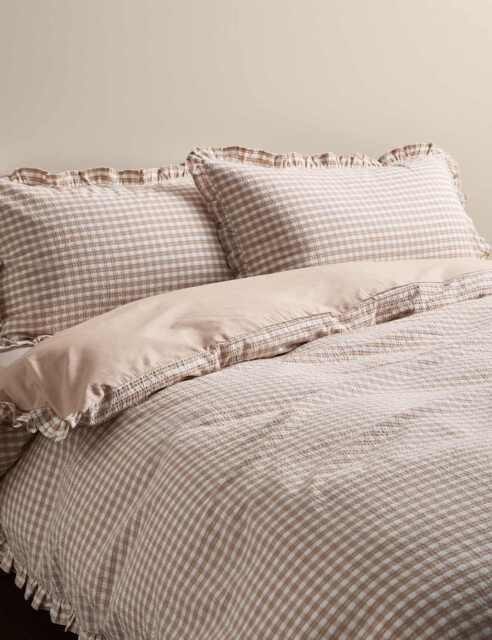 M&S Pure Cotton Gingham Ruffle Bedding Set Natural