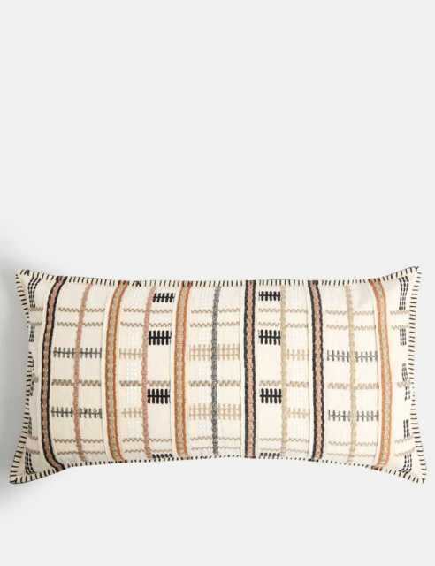 M&S Pure Cotton Grid Embroidered Bolster Cushion Neutral