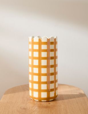 M&S Kirsten Ceramic Checked Vase - Ochre, Ochre,Green Mix,Blue/White