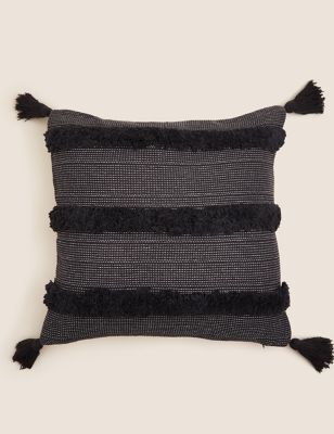 M&S Pure Cotton Tufted Tassel Stripe Cushion - Charcoal, Charcoal,Natural Mix