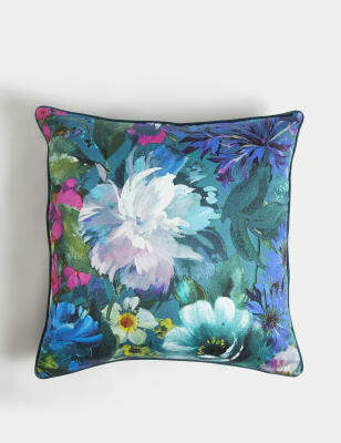 M&S Collection Pure Cotton Floral Cushion - Teal Mix, Teal Mix