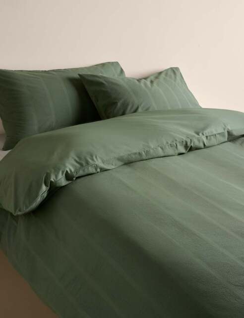 M&S Pure Cotton Striped Seersucker Bedding Set Smokey Green