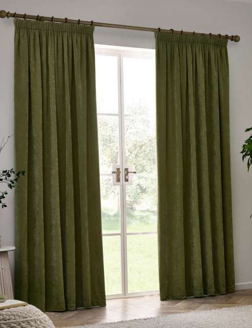 YARD Chenille Velvet Pencil Pleat Curtains Olive