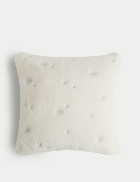M&S Collection Supersoft Faux Fur Embroidered Cushion - Cream, Cream