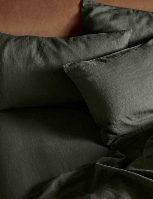 Piglet In Bed Pure Linen Fitted Sheet Dark Green