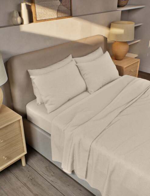 M&S Pure Brushed Cotton Flat Sheet Sand