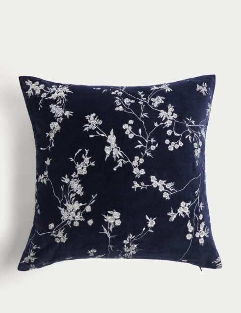 M&S Velvet Cherry Blossom Embroidered Cushion Navy Mix