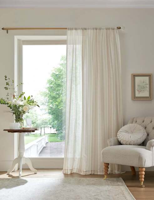 Laura Ashley Stripe Sheer Voile Panel Slot Top Curtain Natural