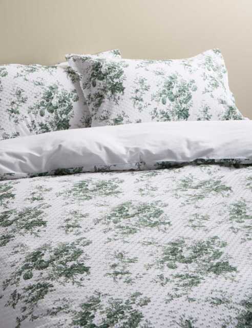 M&S Pure Cotton Floral Dobby Bedding Set Teal Mix
