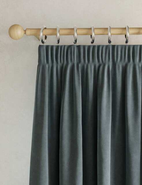 M&S Velvet Pencil Pleat Curtains Slate Blue